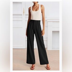Womens Wide Leg High Waisted Palazzo Long Trousers with Pockets Black L-Long
